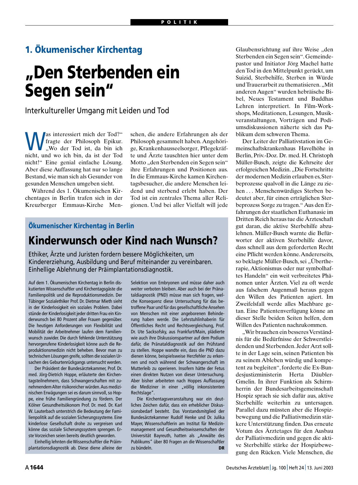 Vorschauseite 1: 1. Ökumenischer Kirchentag: „Den Sterbenden ein Segen sein“