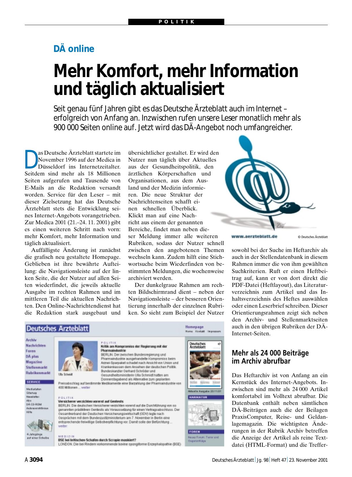 Vorschauseite 1: DÄ online: Mehr Komfort, mehr Information und täglich aktualisiert
