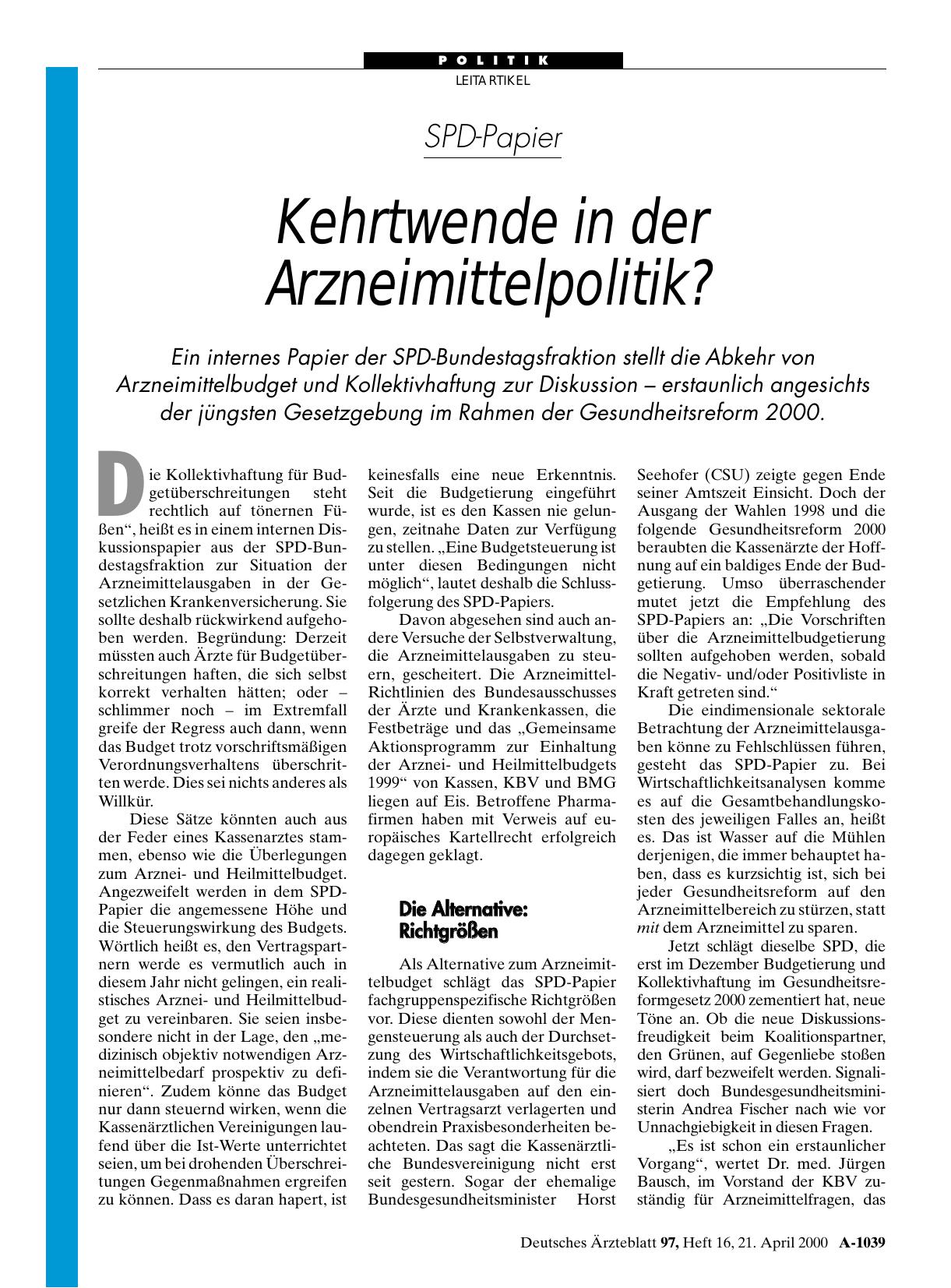 Vorschauseite 1: SPD-Papier: Kehrtwende in der Arzneimittelpolitik?