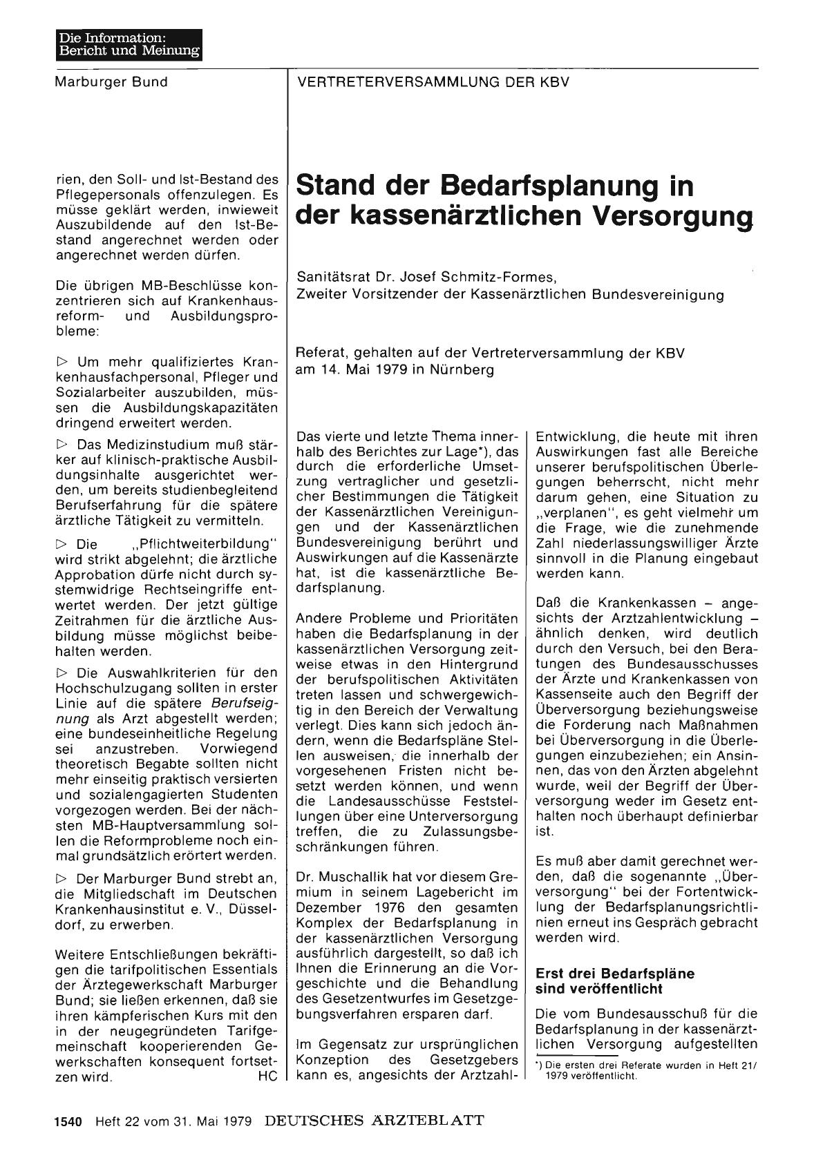 Vorschauseite 1: Stand der Bedarfsplanung in der kassenärztlichen Versorgung