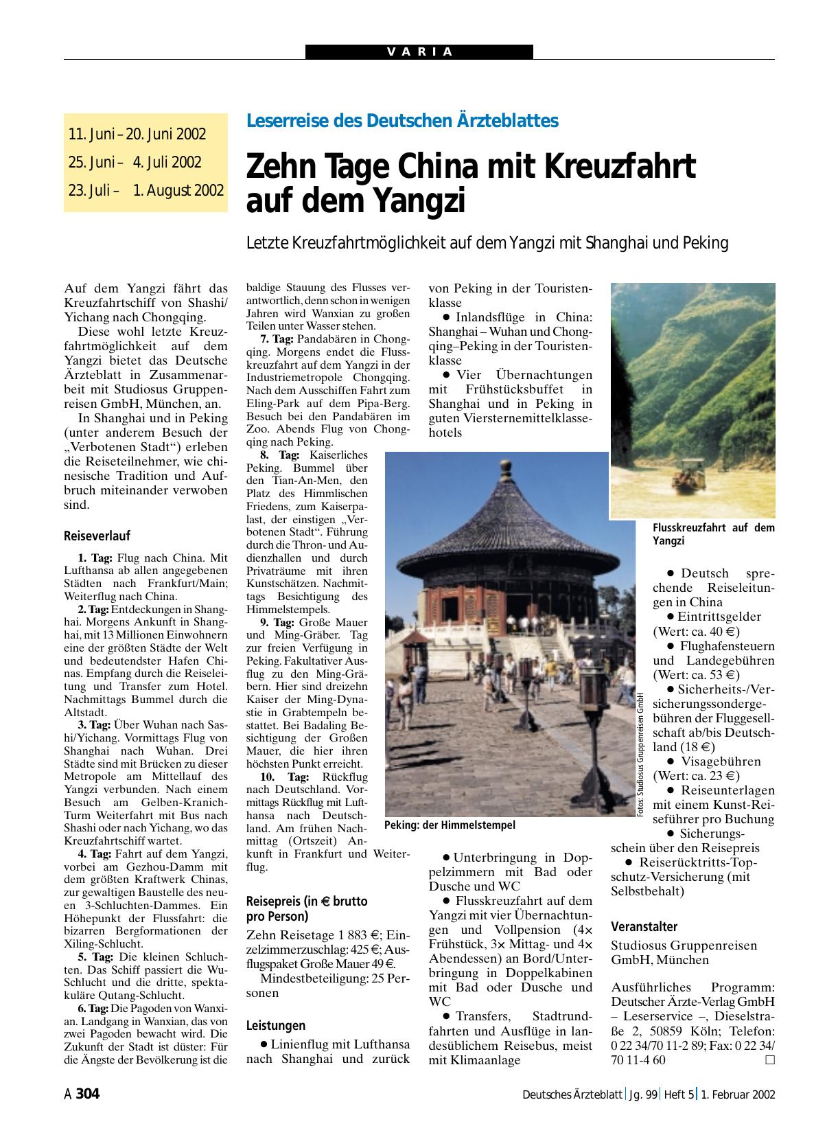 Vorschauseite 1: Leserreise des Deutschen Ärzteblattes: Zehn Tage China mit Kreuzfahrt auf dem Yangzi