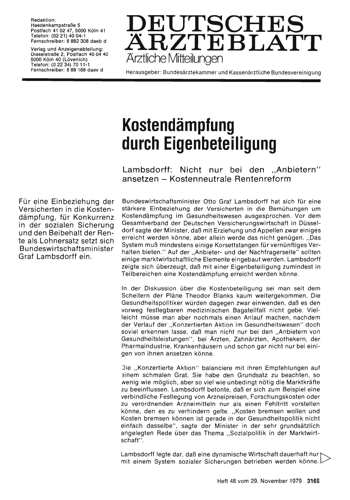 Vorschauseite 1: Kostendämpfung durch Eigenbeteiligung: Lambsdorff: Nicht nur bei den „Anbietern“ ansetzen — Kostenneutrale Rentenreform