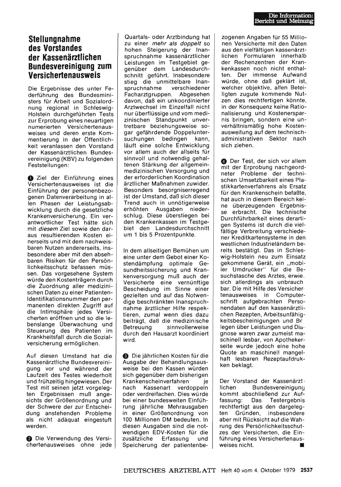 Vorschauseite 1: Stellungnahme des Vorstandes der Kassenärztlichen Bundesvereinigung zum Versichertenausweis