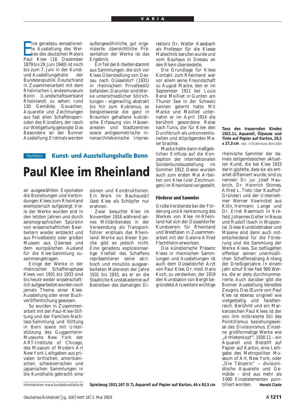 Vorschauseite 1: Kunstund Ausstellungshalle Bonn: Paul Klee im Rheinland