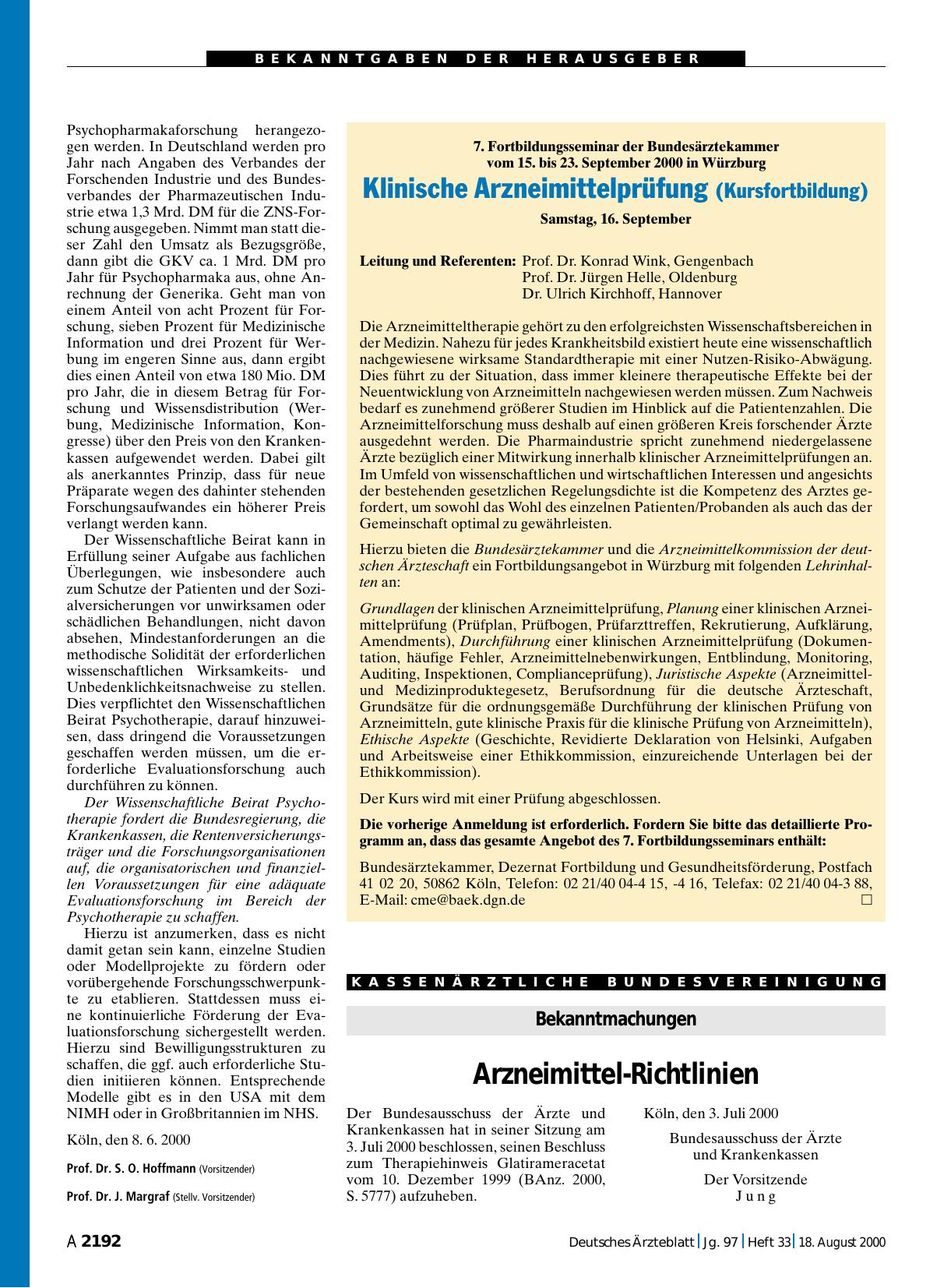 Vorschauseite 1: 7. Fortbildungsseminar der Bundesärztekammer vom 15. bis 23. September 2000 in Würzburg: Klinische Arzneimittelprüfung (Kursfortbildung)