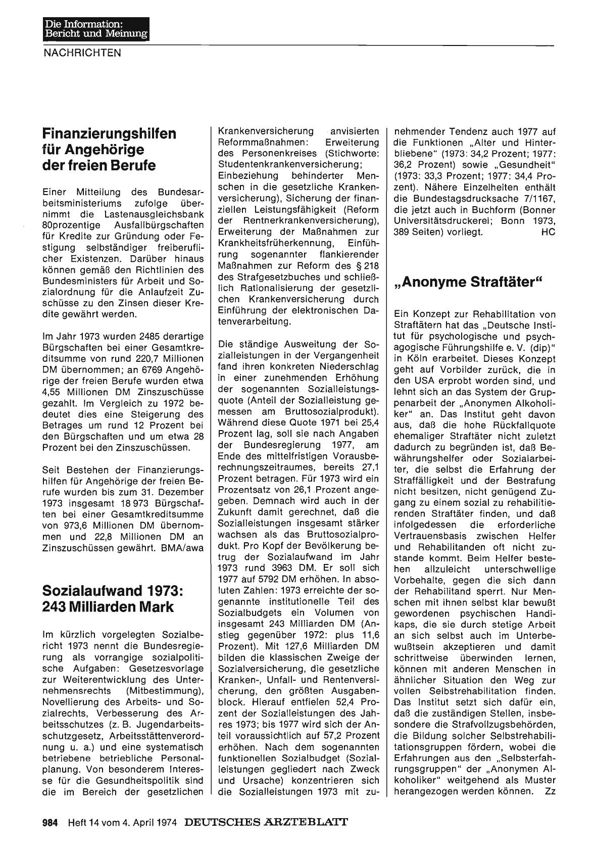 Vorschauseite 1: Sozialaufwand 1973: 243 Milliarden Mark