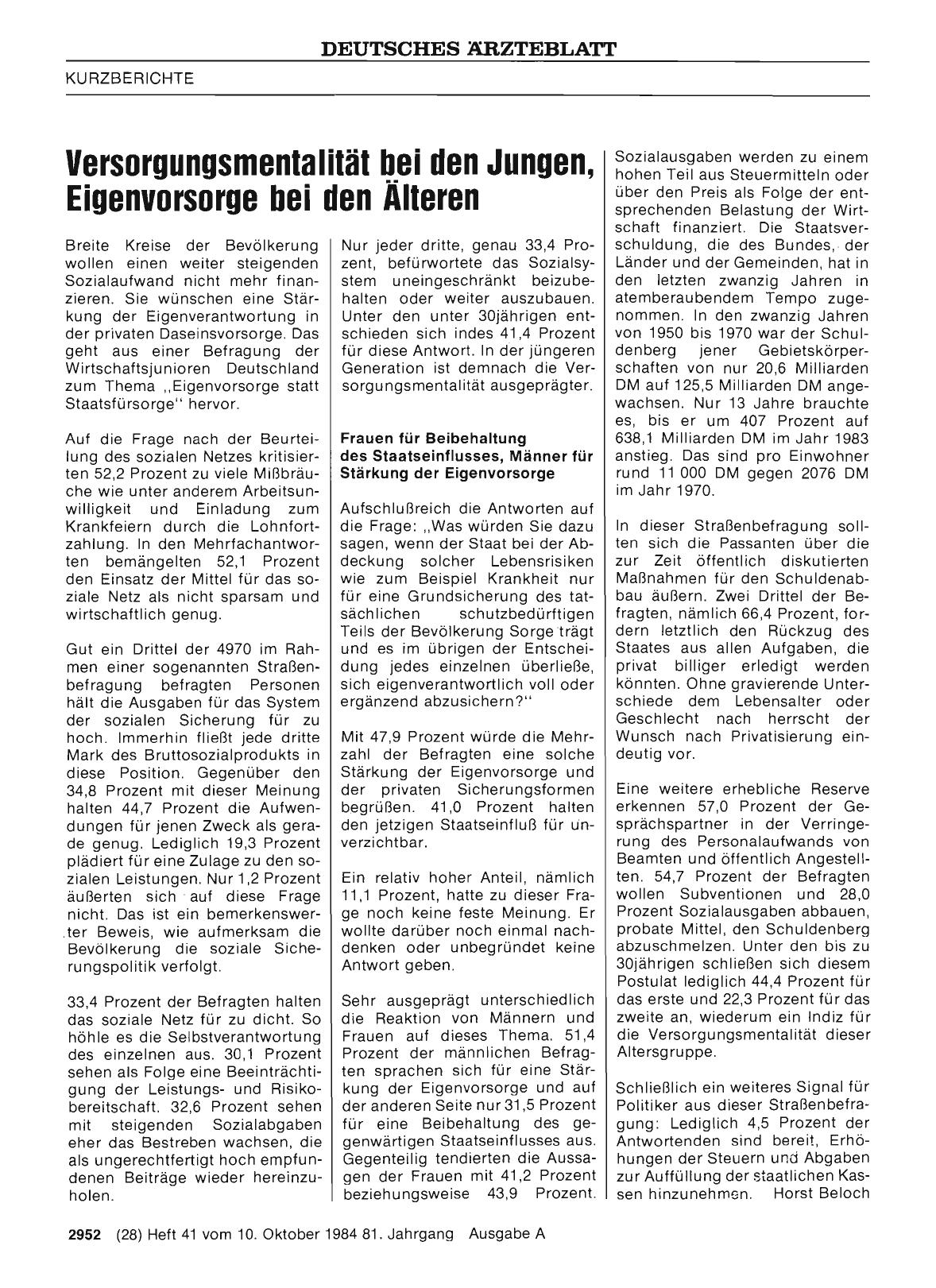 Vorschauseite 1: Versorgungsmentalität bei den Jungen, Eigenvorsorge bei den Älteren