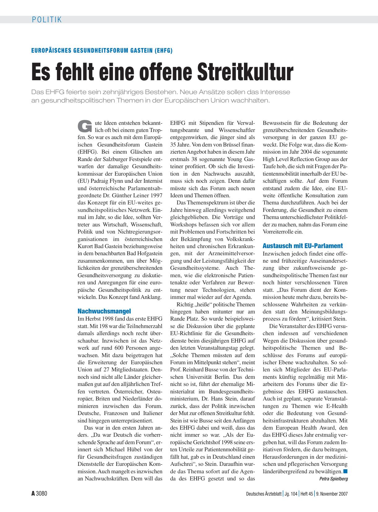 Vorschauseite 1: Europäisches Gesundheitsforum Gastein (EHFG): Es fehlt eine offene Streitkultur