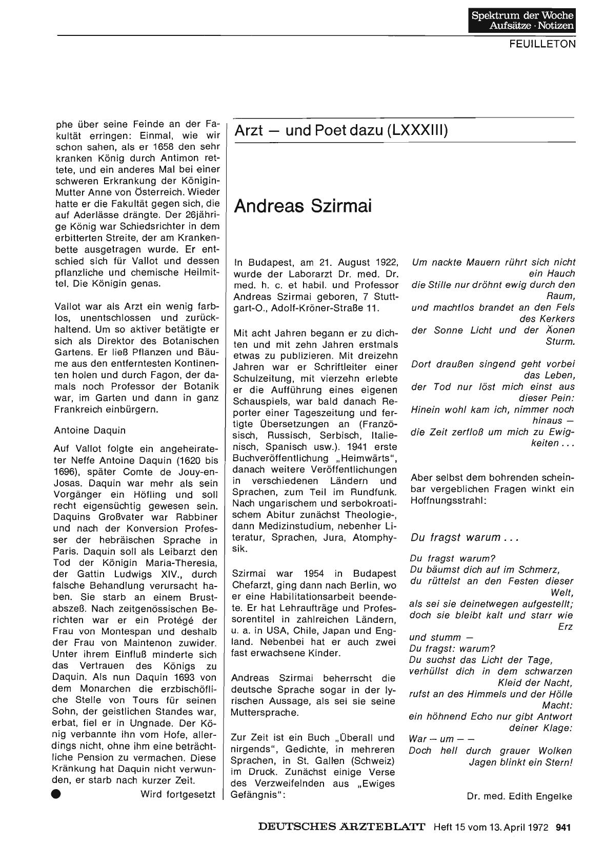 Vorschauseite 1: Arzt — und Poet dazu (LXXXIII): Andreas Szirmai