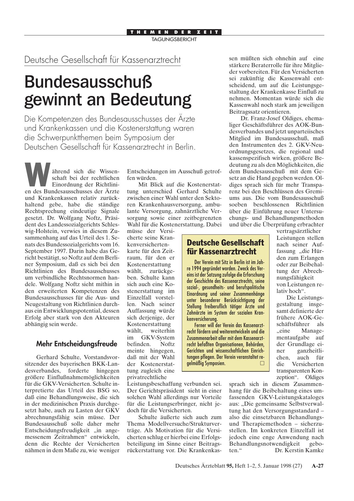 Vorschauseite 1: Deutsche Gesellschaft für Kassenarztrecht: Bundesausschuß gewinnt an Bedeutung