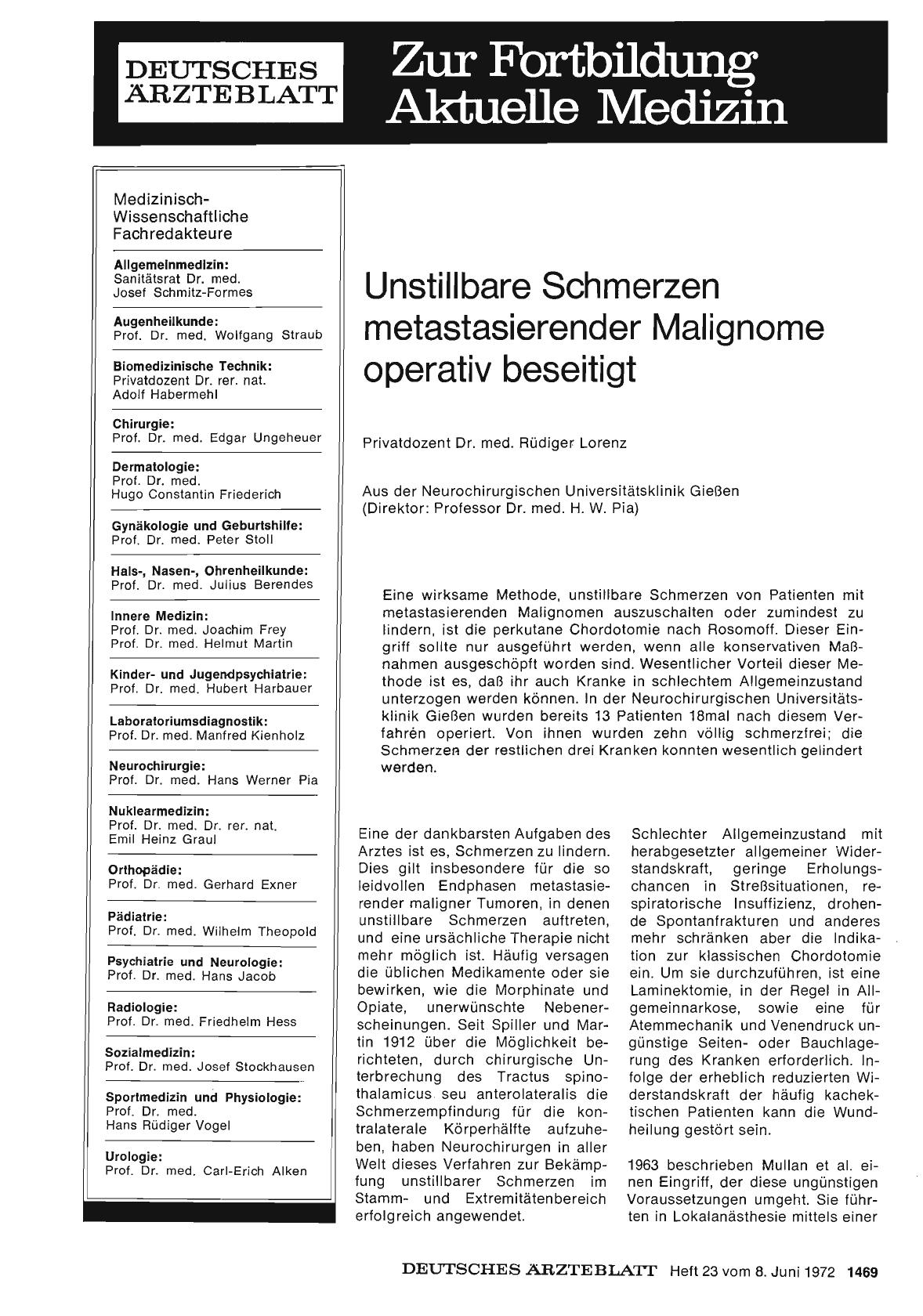 Vorschauseite 1: Unstillbare Schmerzen metastasierender Malignome operativ beseitigt