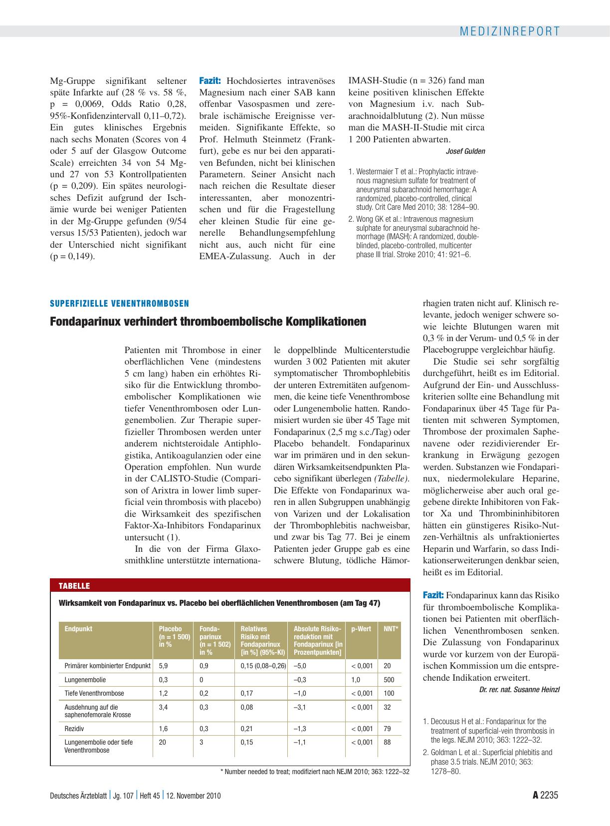 Vorschauseite 1: Superfizielle Venenthrombosen: Fondaparinux verhindert thromboembolische Komplikationen