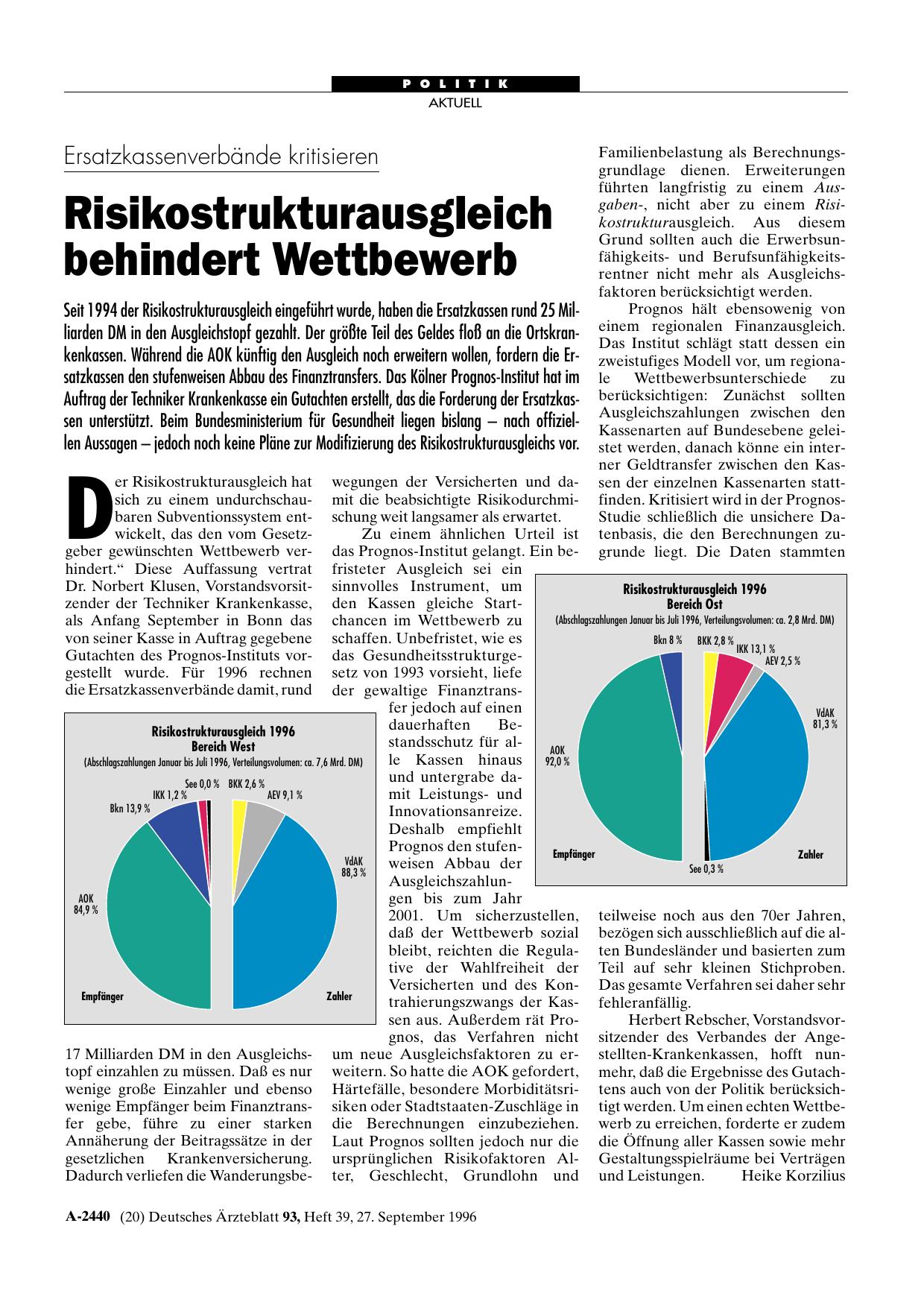Vorschauseite 1: Ersatzkassenverbände kritisieren: Risikostrukturausgleich behindert Wettbewerb