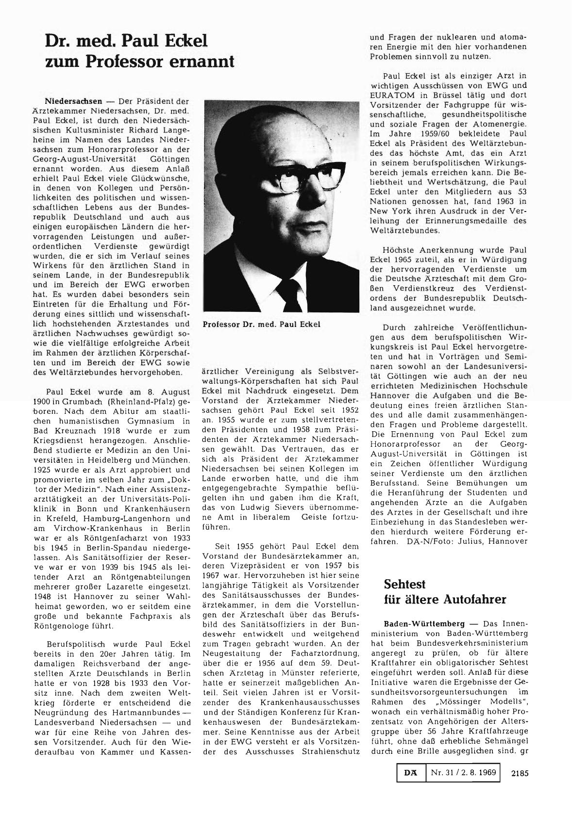 Vorschauseite 1: Dr. med. Paul Eckel zum Professor ernannt