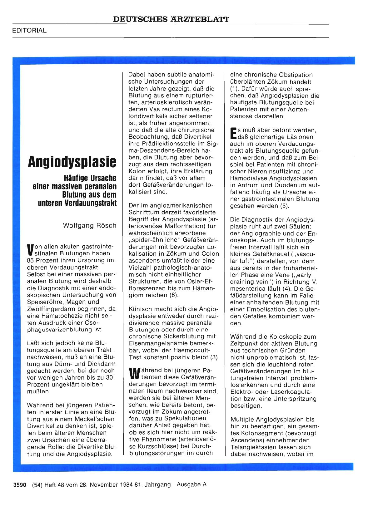 Vorschauseite 1: Angiodysplasie: Häufige Ursache einer massiven peranalen Blutung aus dem unteren Verdauungstrakt