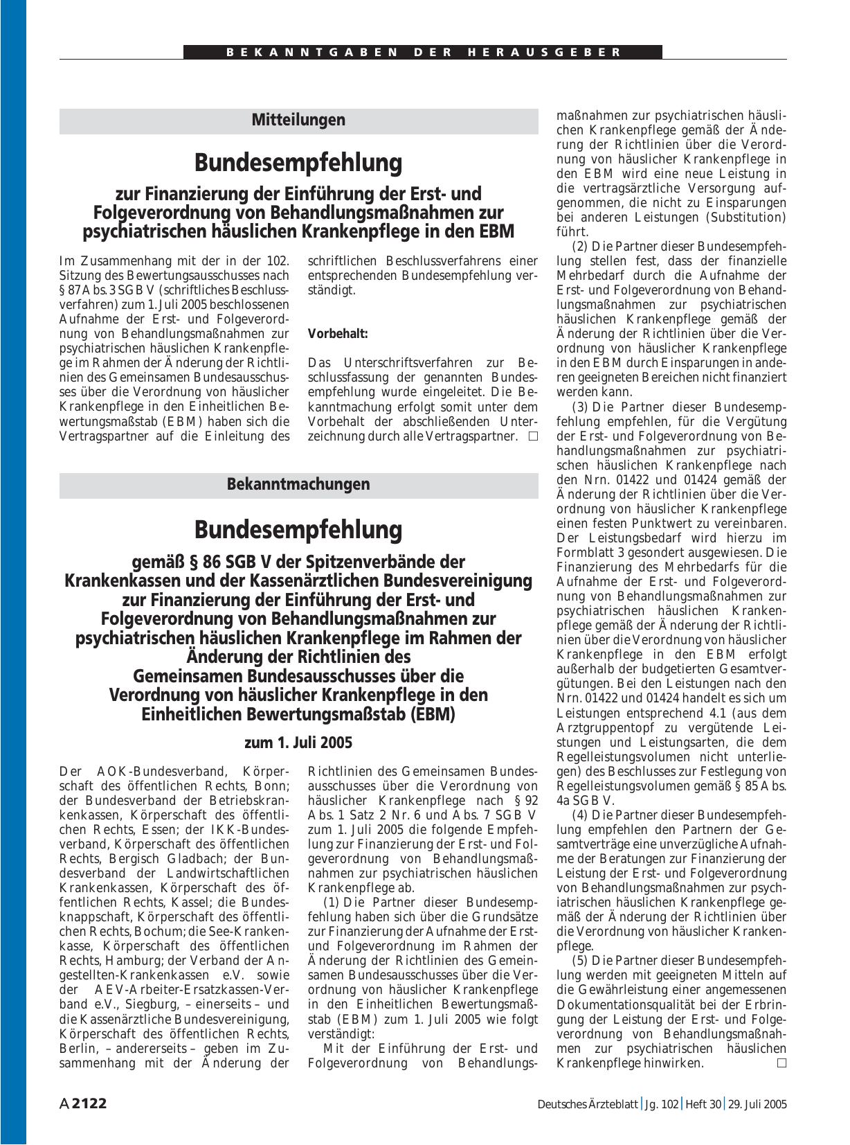 Vorschauseite 1: Bekanntmachungen: Bundesempfehlung gemäß § 86 SGB V der Spitzenverbände der Krankenkassen und der Kassenärztlichen Bundesvereinigung zur Finanzierung der Einführung der Erstund Fo…