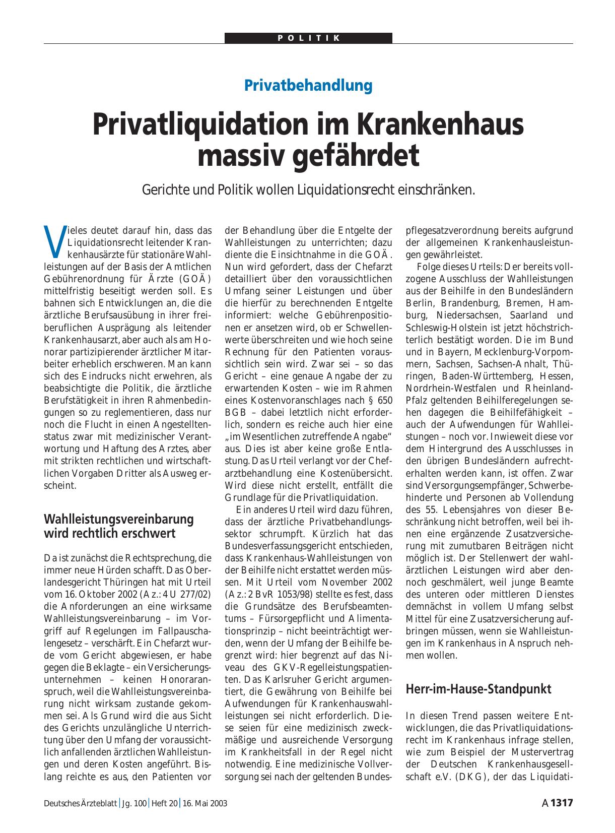 Vorschauseite 1: Privatbehandlung: Privatliquidation im Krankenhaus massiv gefährdet