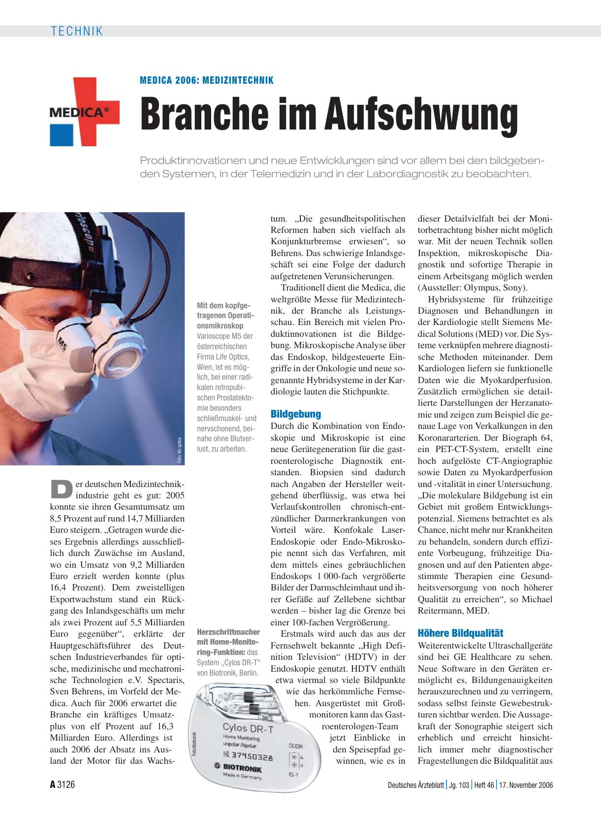 Vorschauseite 1: Medica 2006: Medizintechnik – Branche im Aufschwung