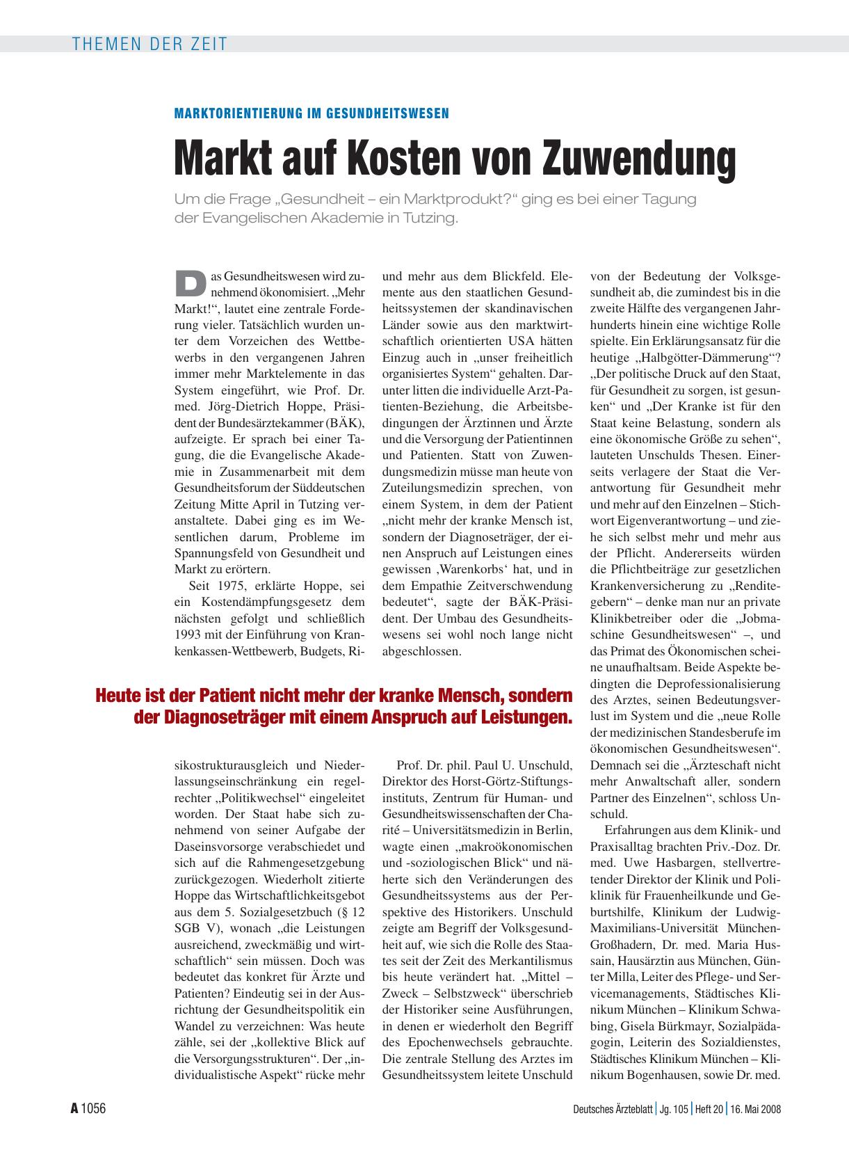 Vorschauseite 1: Marktorientierung im Gesundheitswesen: Markt auf Kosten von Zuwendung