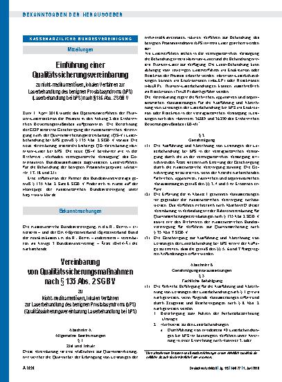 Vorschauseite 1: Einführung einer Qualitätssicherungsvereinbarung zu nicht-medikamentösen, lokalen Verfahren zur Laserbehandlung des benignen Prostatasyndroms (bPS), Vereinbarung von Qualitätssich…