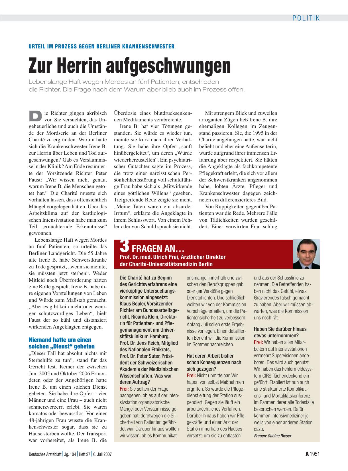 Vorschauseite 1: 3 Fragen an…: Prof. Dr. med. Ulrich Frei, Ärztlicher Direktor der Charité-Universitätsmedizin Berlin