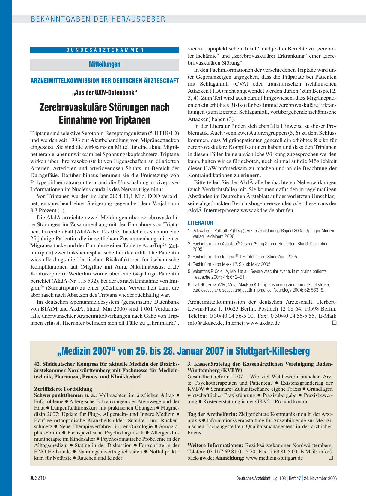 Vorschauseite 1: Mitteilungen „Aus der UAW-Datenbank“: Zerebrovaskuläre Störungen nach Einnahme von Triptanen