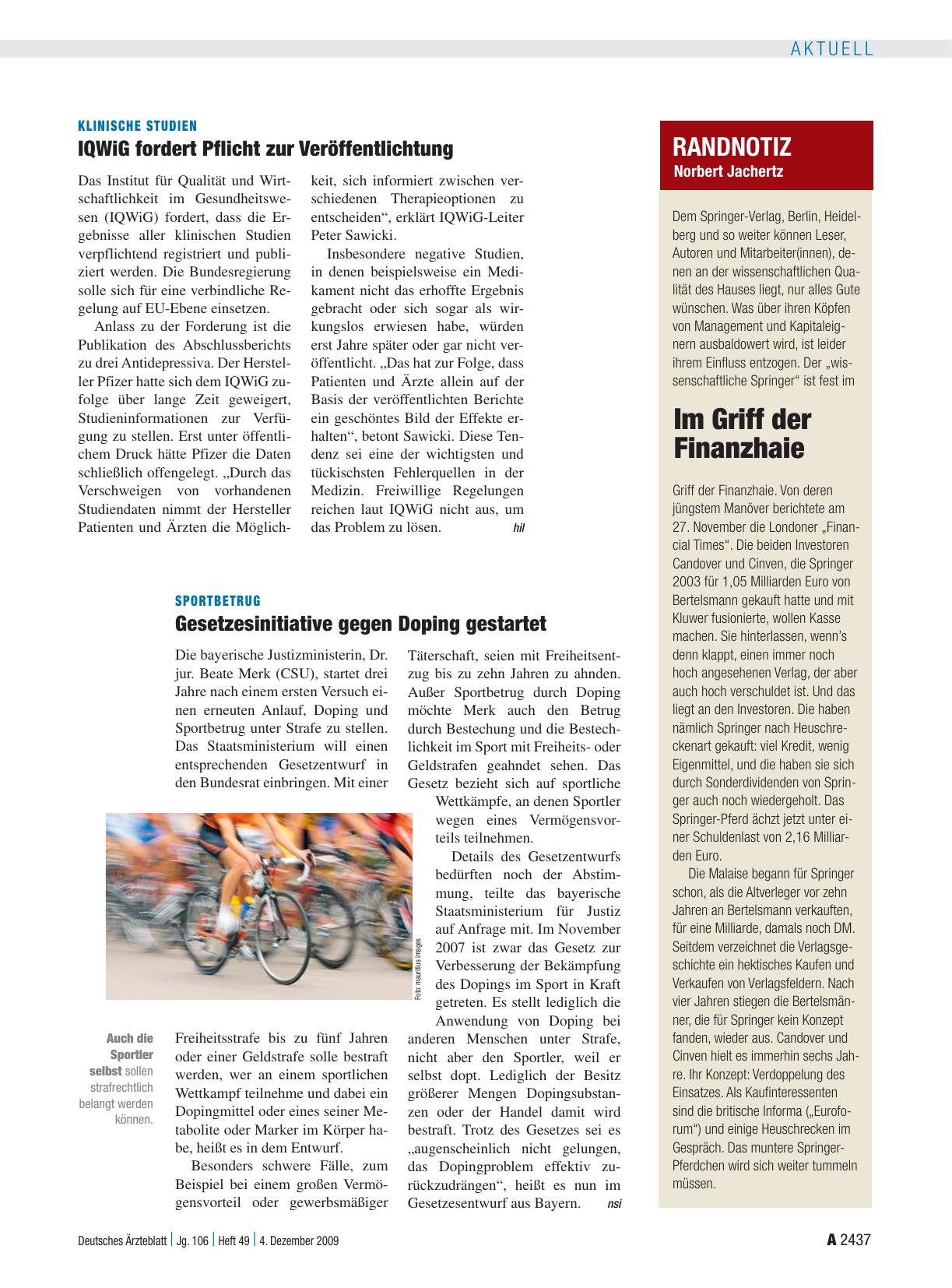 Vorschauseite 1: Sportbetrug: Gesetzesinitiative gegen Doping gestartet