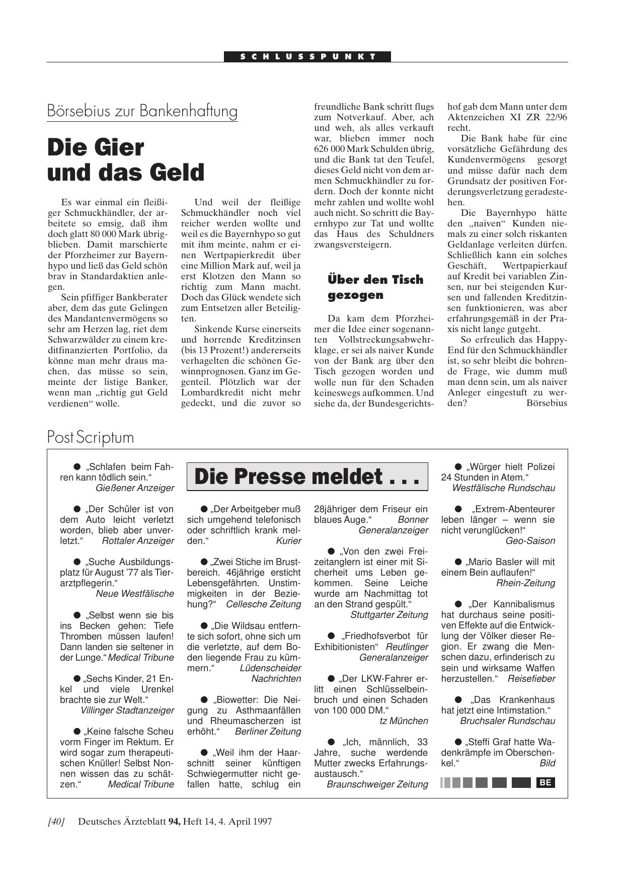 Vorschauseite 1: Die Presse meldet. ..