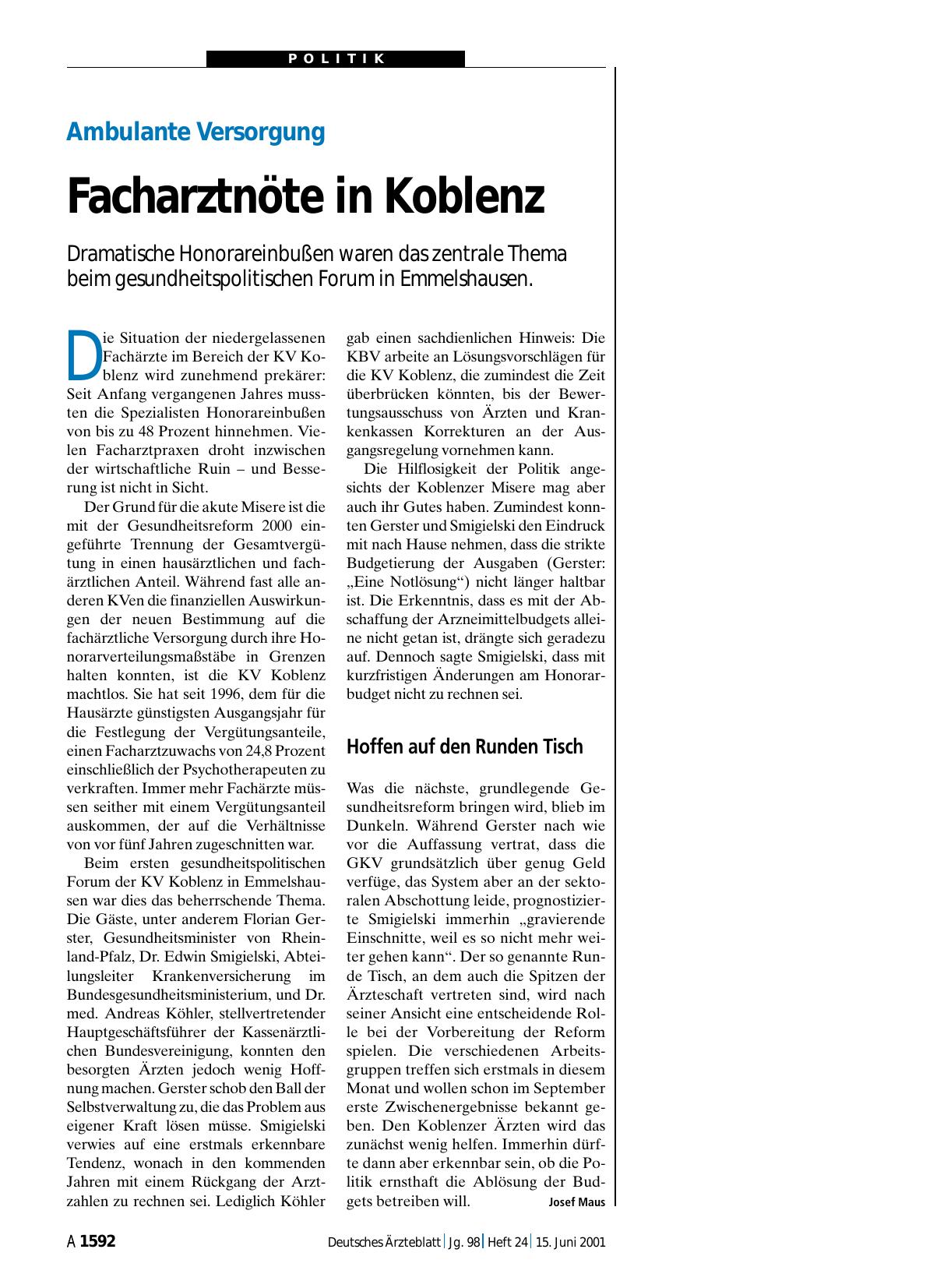 Vorschauseite 1: Ambulante Versorgung: Facharztnöte in Koblenz
