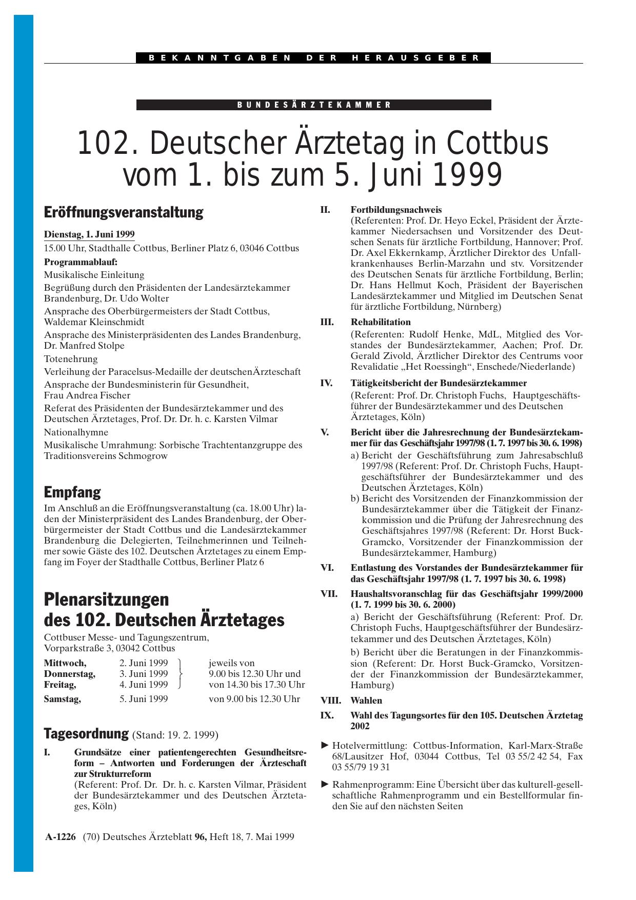 Vorschauseite 1: 102. Deutscher Ärztetag in Cottbus vom 1. bis zum 5. Juni 1999