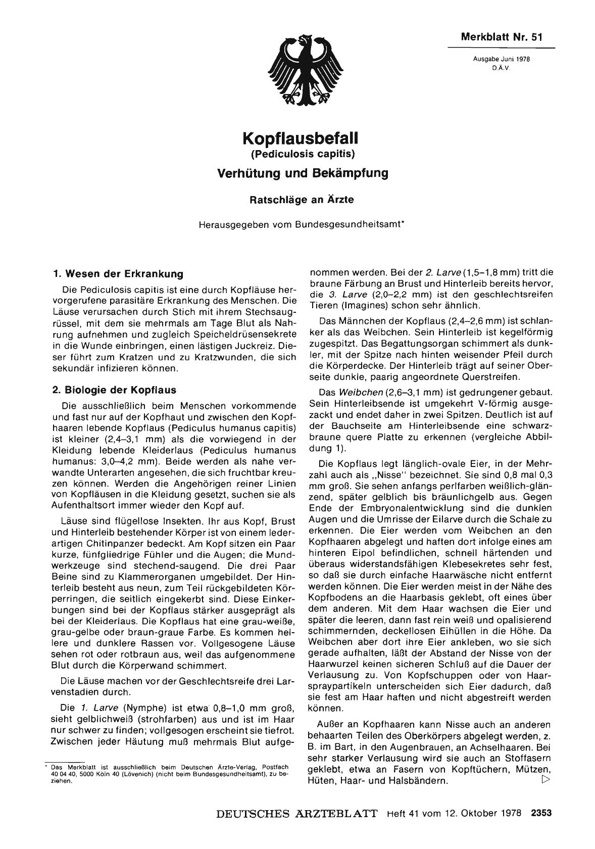 Vorschauseite 1: Merkblatt Nr. 51: Kopflausbefall (Pediculosis capitis) - Verhütung und Bekämpfung
