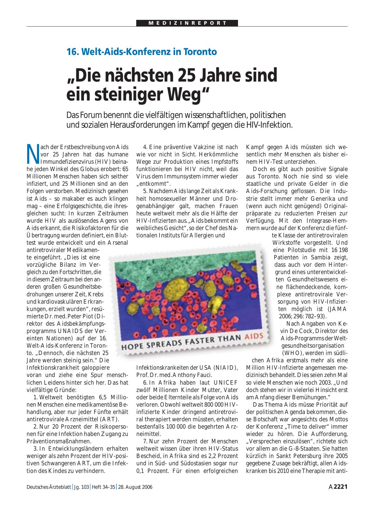 Vorschauseite 1: 16. Welt-Aids-Konferenz in Toronto: „Die nächsten 25 Jahre sind ein steiniger Weg“