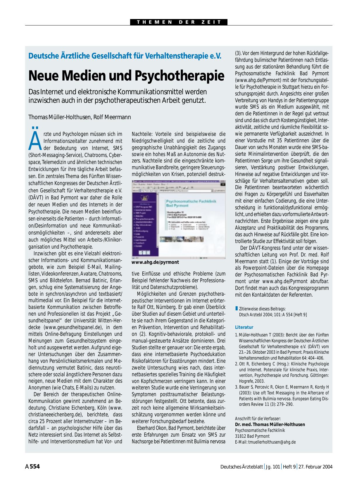 Vorschauseite 1: Deutsche Ärztliche Gesellschaft für Verhaltenstherapie e. V. : Neue Medien und Psychotherapie