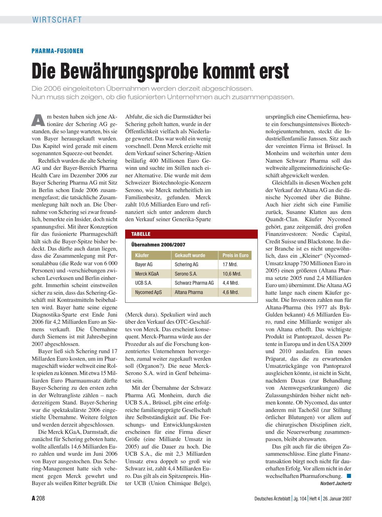 Vorschauseite 1: Pharma-Fusionen: Die Bewährungsprobe kommt erst