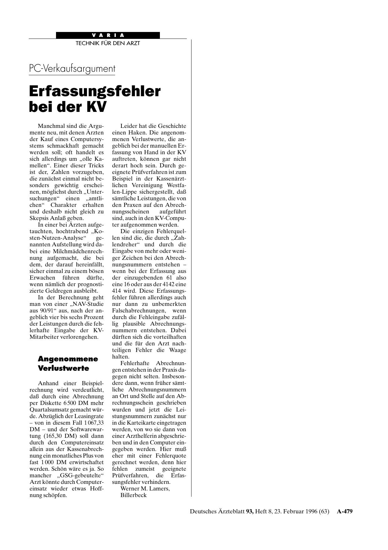 Vorschauseite 1: PC-Verkaufsargument: Erfassungsfehler bei der KV