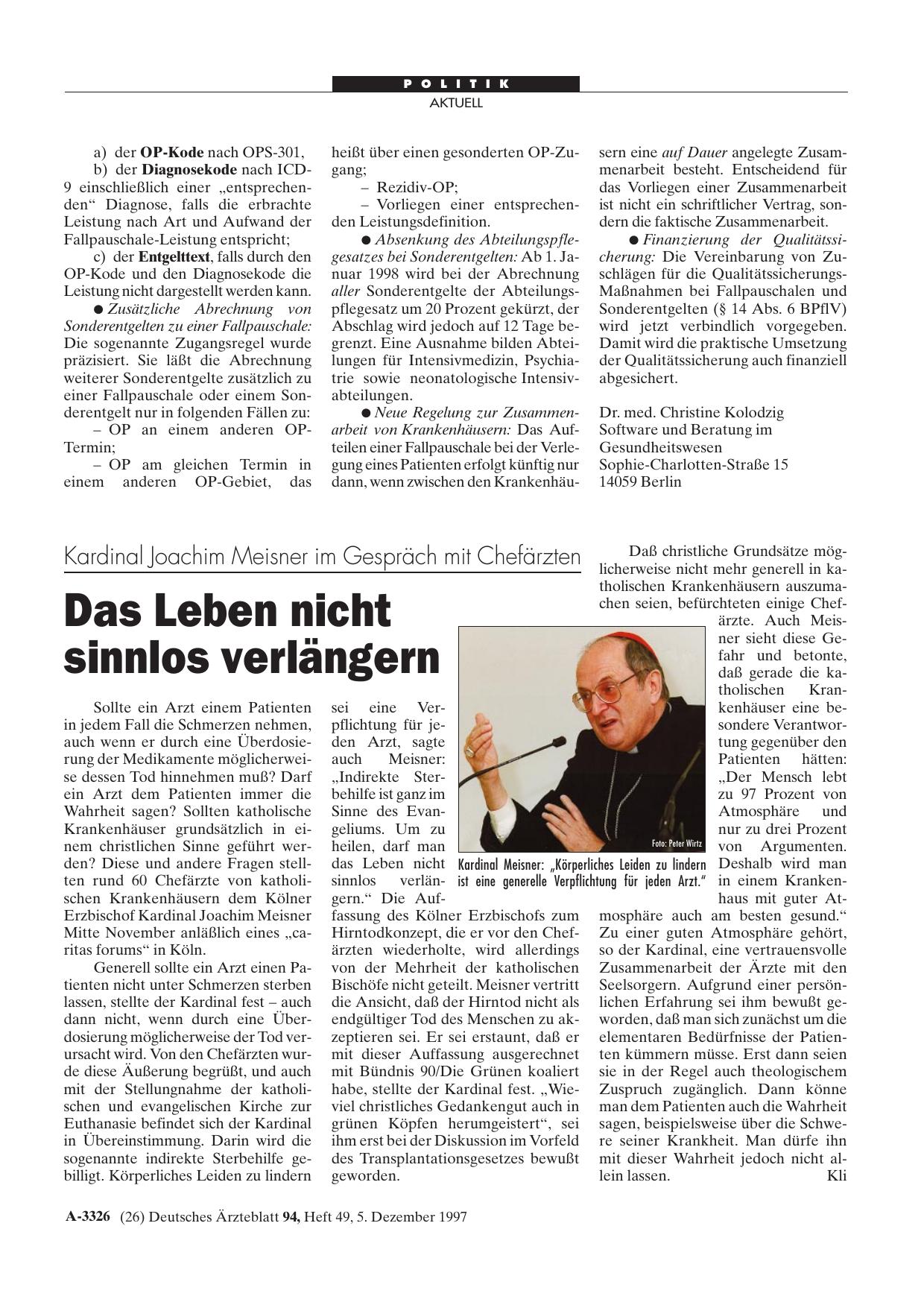 Vorschauseite 1: Kardinal Joachim Meisner im Gespräch mit Chefärzten: Das Leben nicht sinnlos verlängern