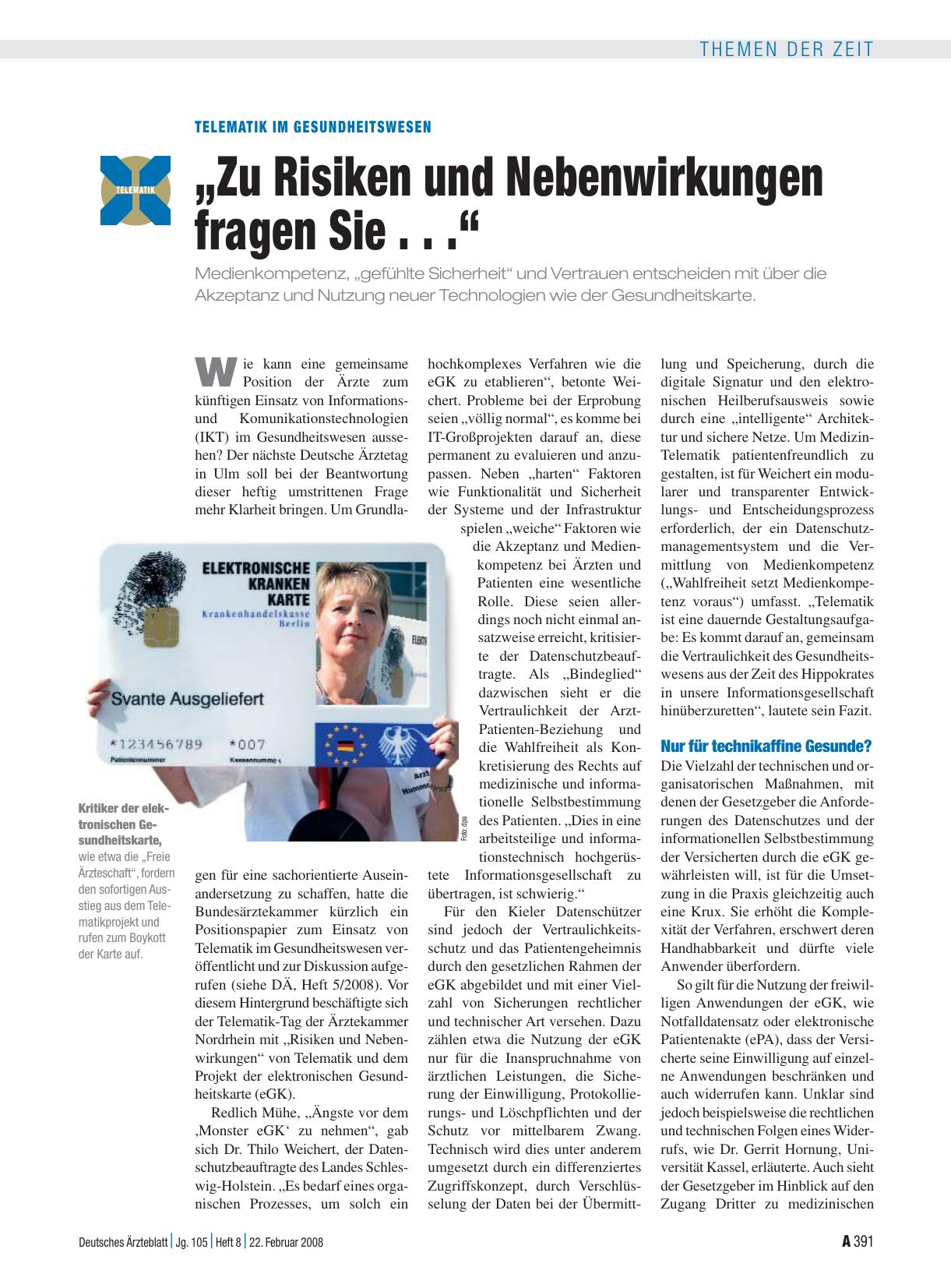 Vorschauseite 1: Telematik im Gesundheitswesen: „Zu Risiken und Nebenwirkungen fragen Sie. .. “