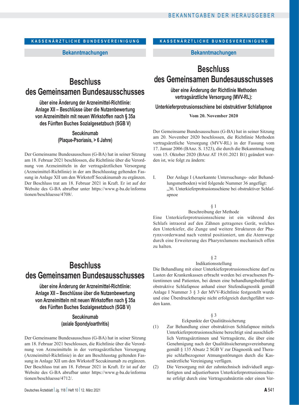 Vorschauseite 1: Beschluss des Gemeinsamen Bundesausschusses über eine Änderung der Richtlinie Methoden vertragsärztliche Versorgung (MVV-RL) Unterkieferprotrusionsschiene bei obstruktiver Schlafa…