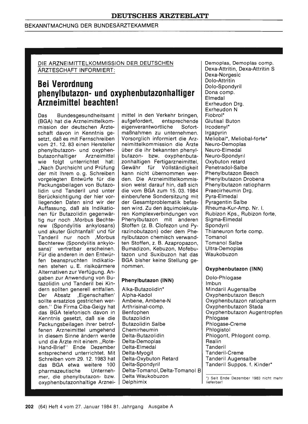 Vorschauseite 1: DIE ARZNEIMITTELKOMMISSION DER DEUTSCHEN ÄRZTESCHAFT INFORMIERT: Bei Verordnung phenylbutazonund oxyphenbutazonhaltiger Arzneimittel beachten!