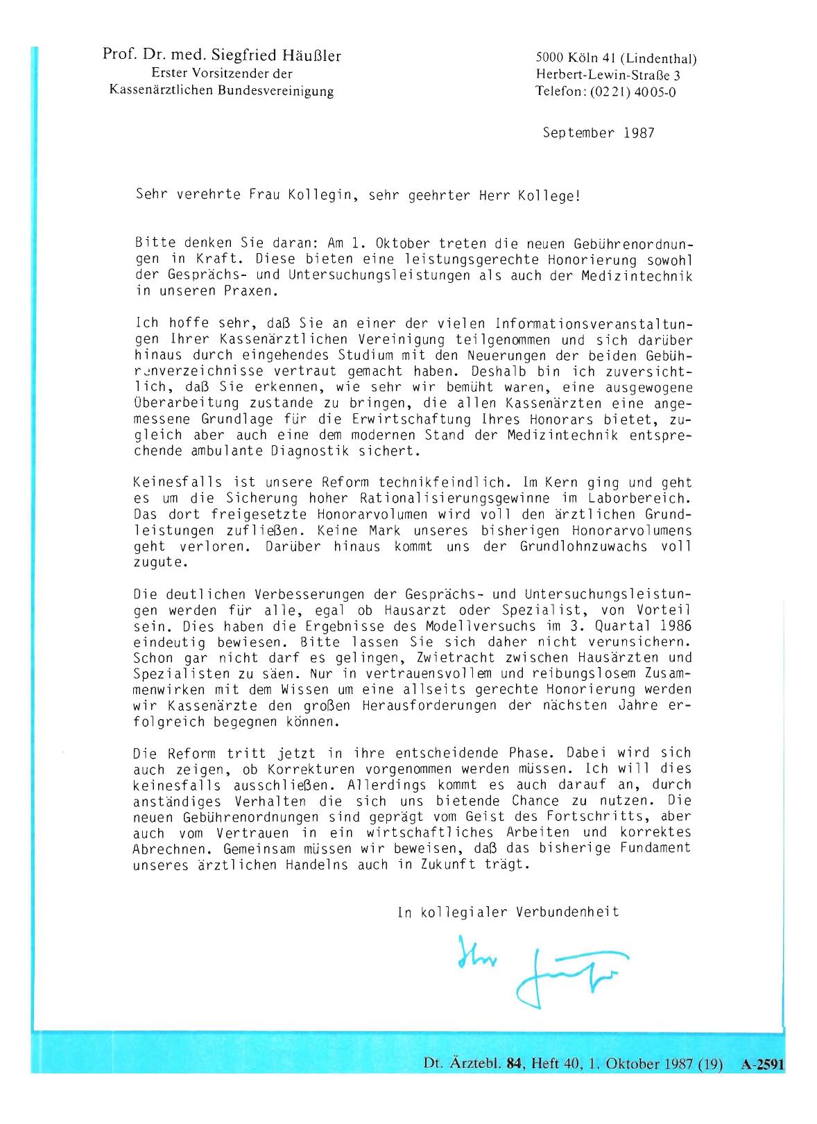 Vorschauseite 1: Am 1. Oktober treten die neuen Gebührenordungen in Kraft: Offener Brief