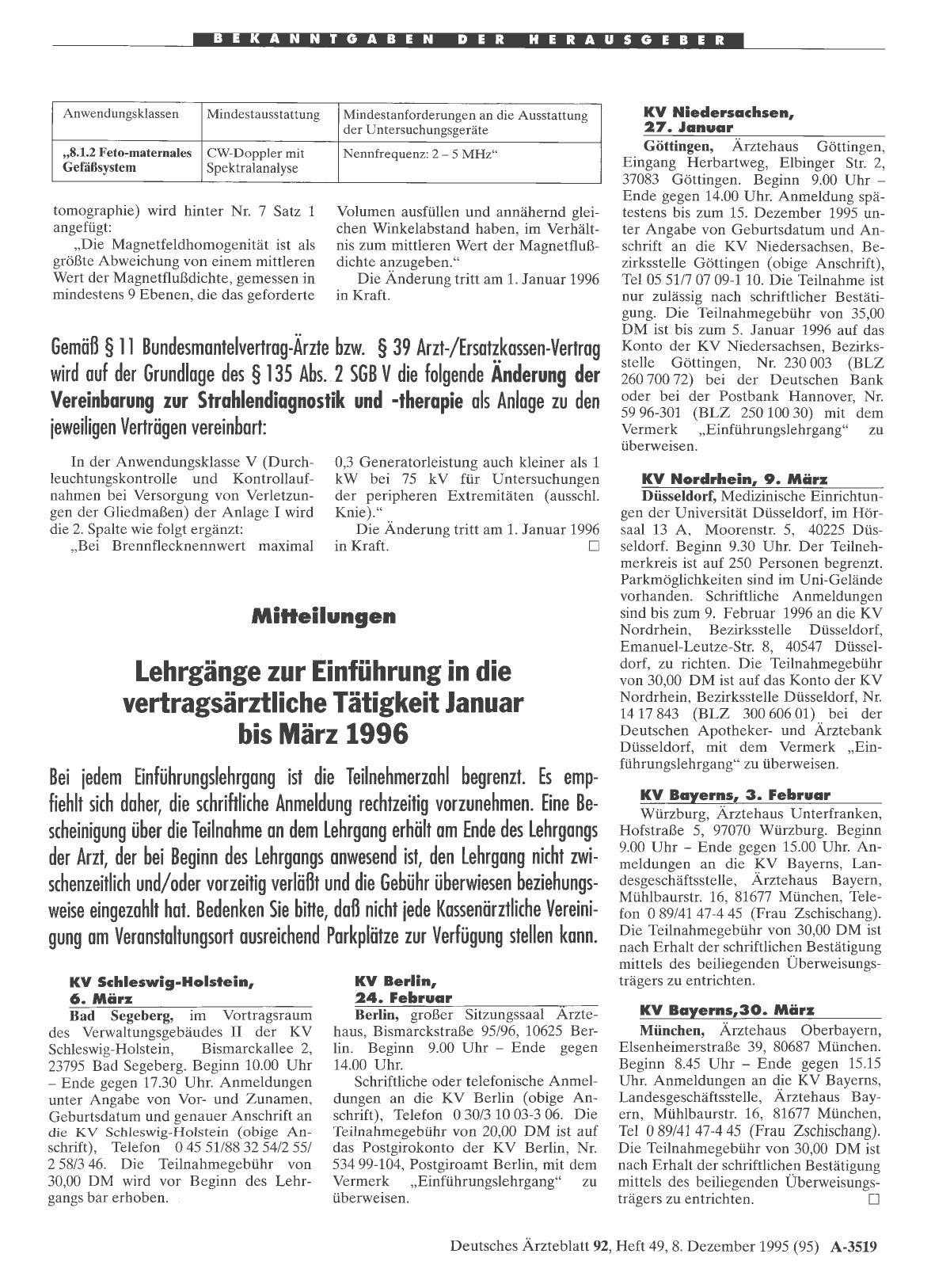 Vorschauseite 1: Mitteilungen: Lehrgänge zur Einführung in die vertragsärztliche Tätigkeit Januar bis März 1996
