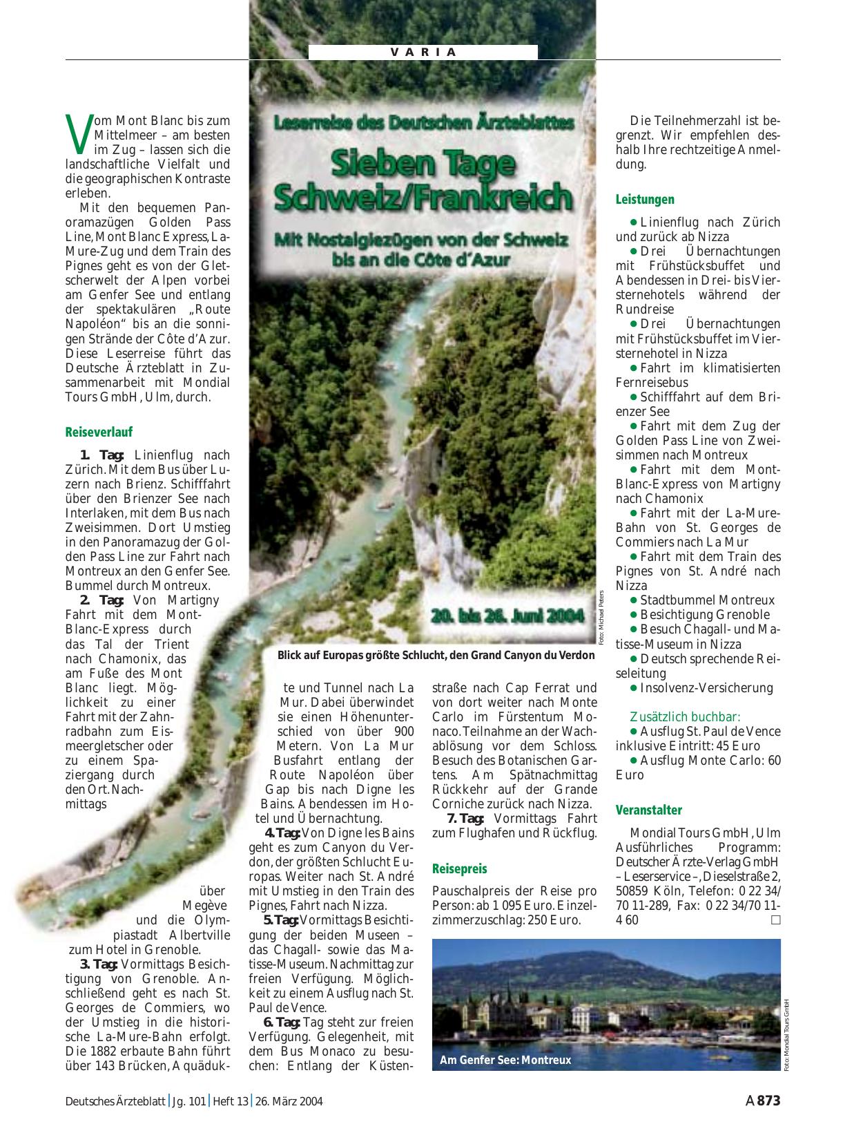 Vorschauseite 1: Leserreise des Deutschen Ärzteblattes: Sieben Tage Schweiz/Frankreich