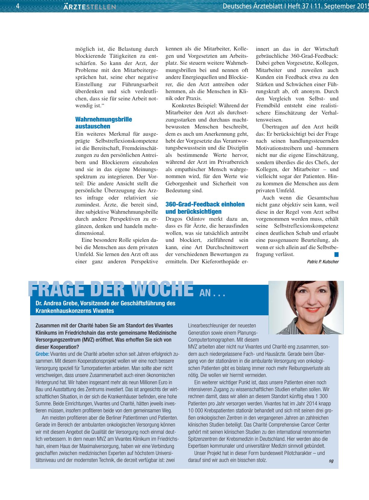 Vorschauseite 1: Frage der Woche an. .. Dr. Andrea Grebe, Vorsitzende der Geschäftsführung des Krankenhauskonzerns Vivantes