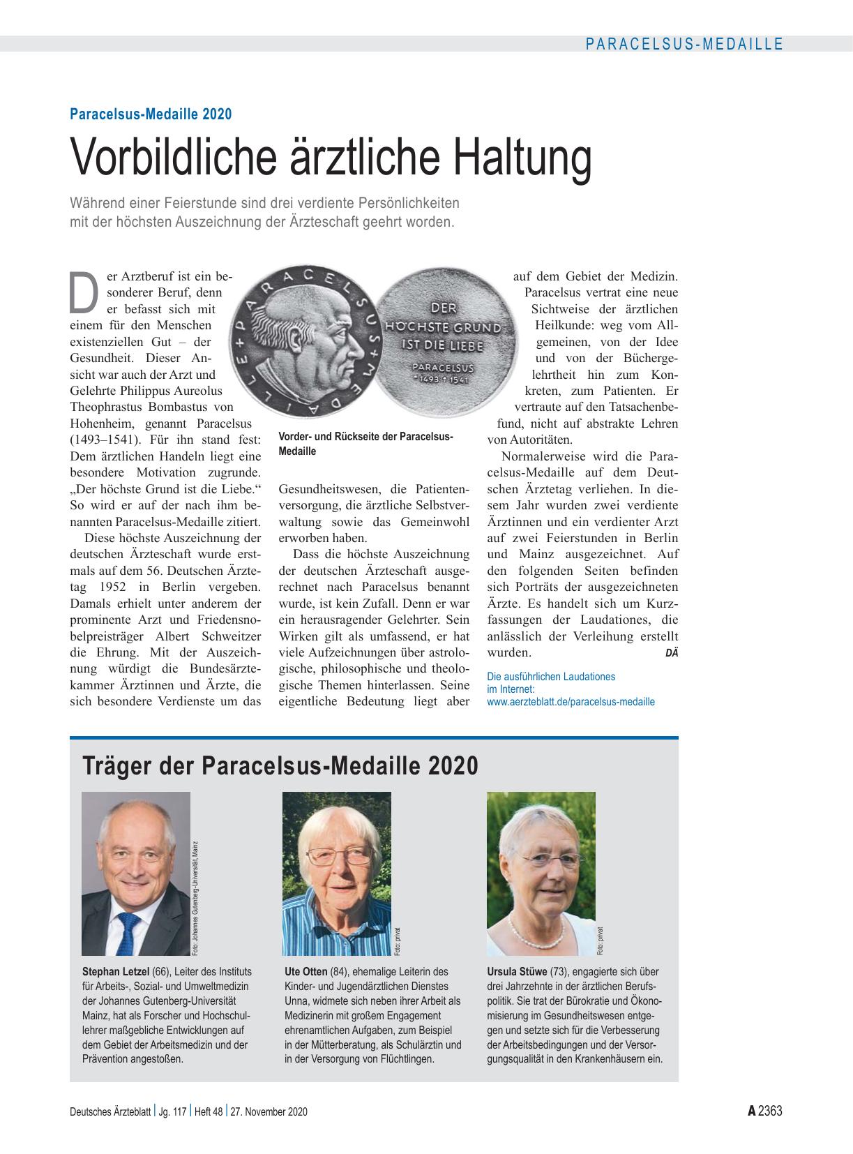Vorschauseite 1: Paracelsus-Medaille 2020: Vorbildliche ärztliche Haltung