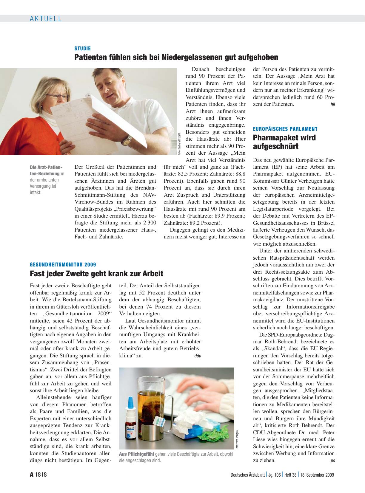 Vorschauseite 1: Gesundheitsmonitor 2009: Fast jeder Zweite geht krank zur Arbeit