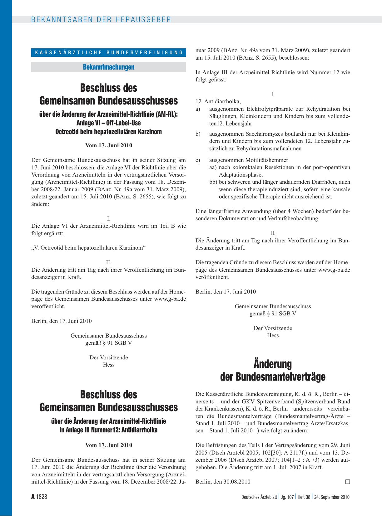 Vorschauseite 1: Beschluss des Gemeinsamen Bundesausschusses über die Änderung der Arzneimittel-Richtlinie (AM-RL): Anlage VI – Off-Label-Use Octreotid beim hepatozellulären Karzinom
