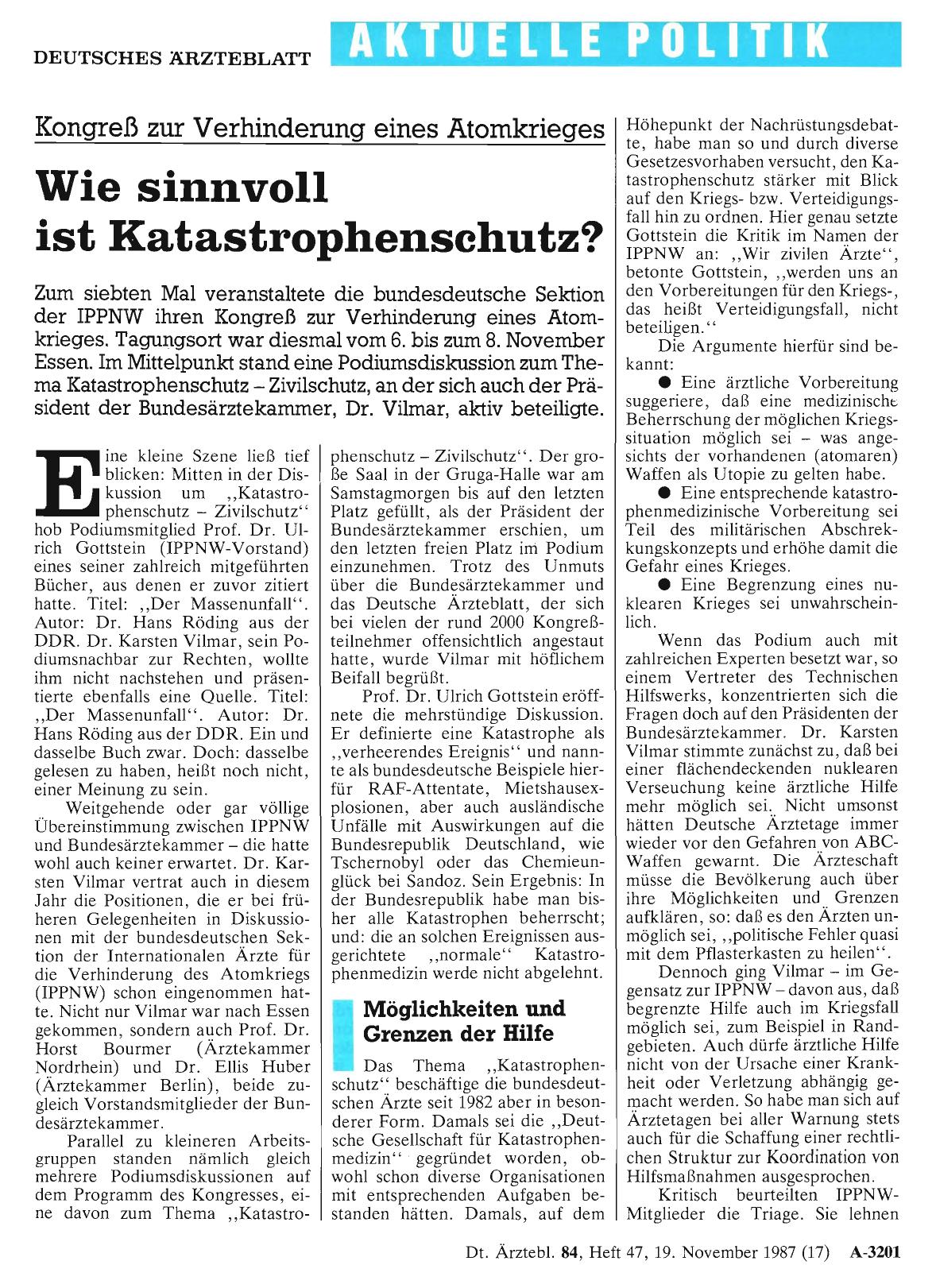 Vorschauseite 1: Kongreß zur Verhinderung eines Atomkrieges: Wie sinnvoll ist Katastrophenschutz?