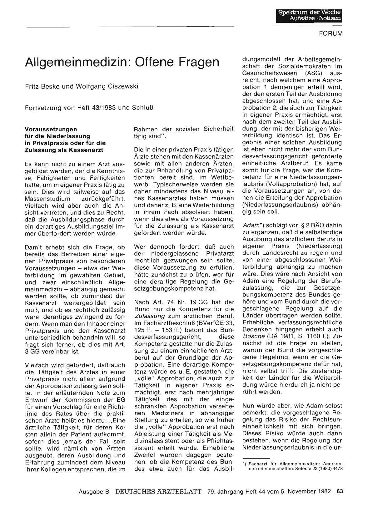 Vorschauseite 1: Allgemeinmedizin: Offene Fragen: Fortsetzung von Heft 43/1983 und Schluß