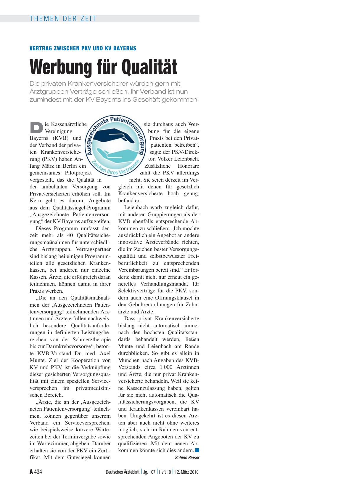 Vorschauseite 1: Vertrag zwischen PKV und KV Bayerns: Werbung für Qualität