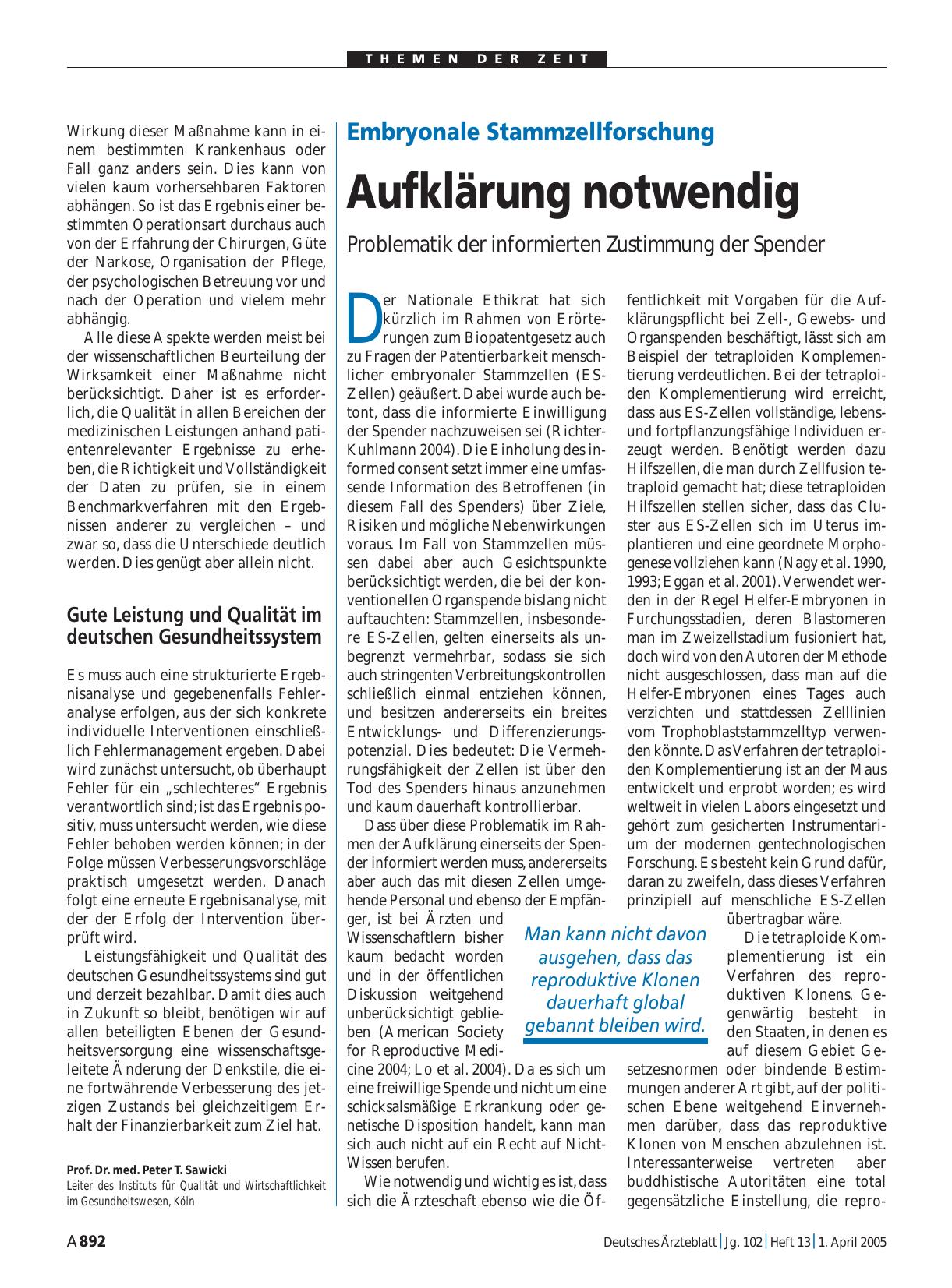 Vorschauseite 1: Embryonale Stammzellforschung: Aufklärung notwendig